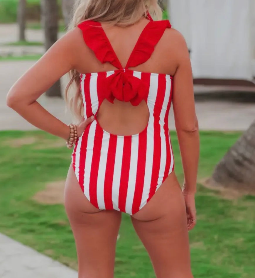 Red & White Striped One Piece Swimsuit