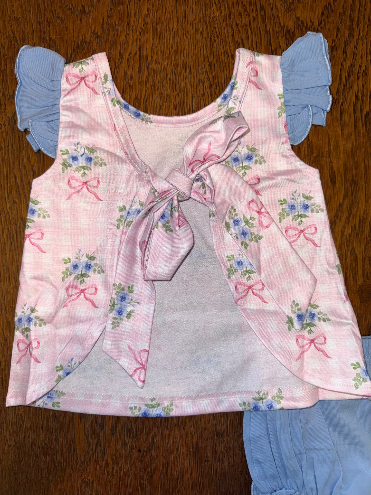 Girls Pink Gingham with Blue Flowers Bloomer Set