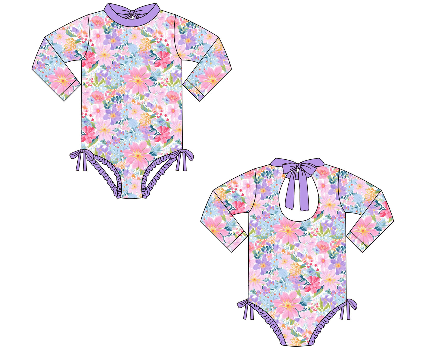 Girls Purple Floral Swim Rashguard One Piece