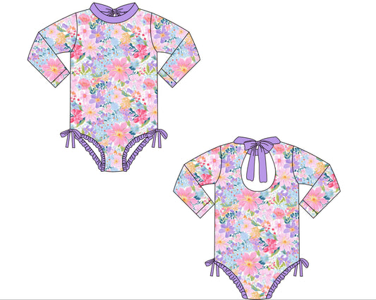 Girls Purple Floral Swim Rashguard One Piece