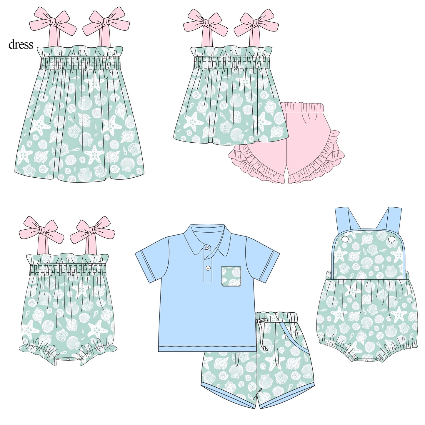 Green & White Seashells Sibling Set