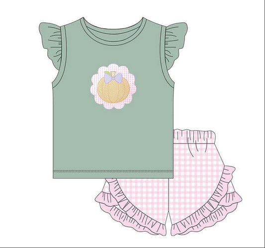 Green & Plaid Pumpkin Girls Short Set