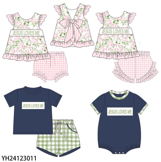 Floral & Navy/Green Plaid "Jesus Loves Me" Short Sets