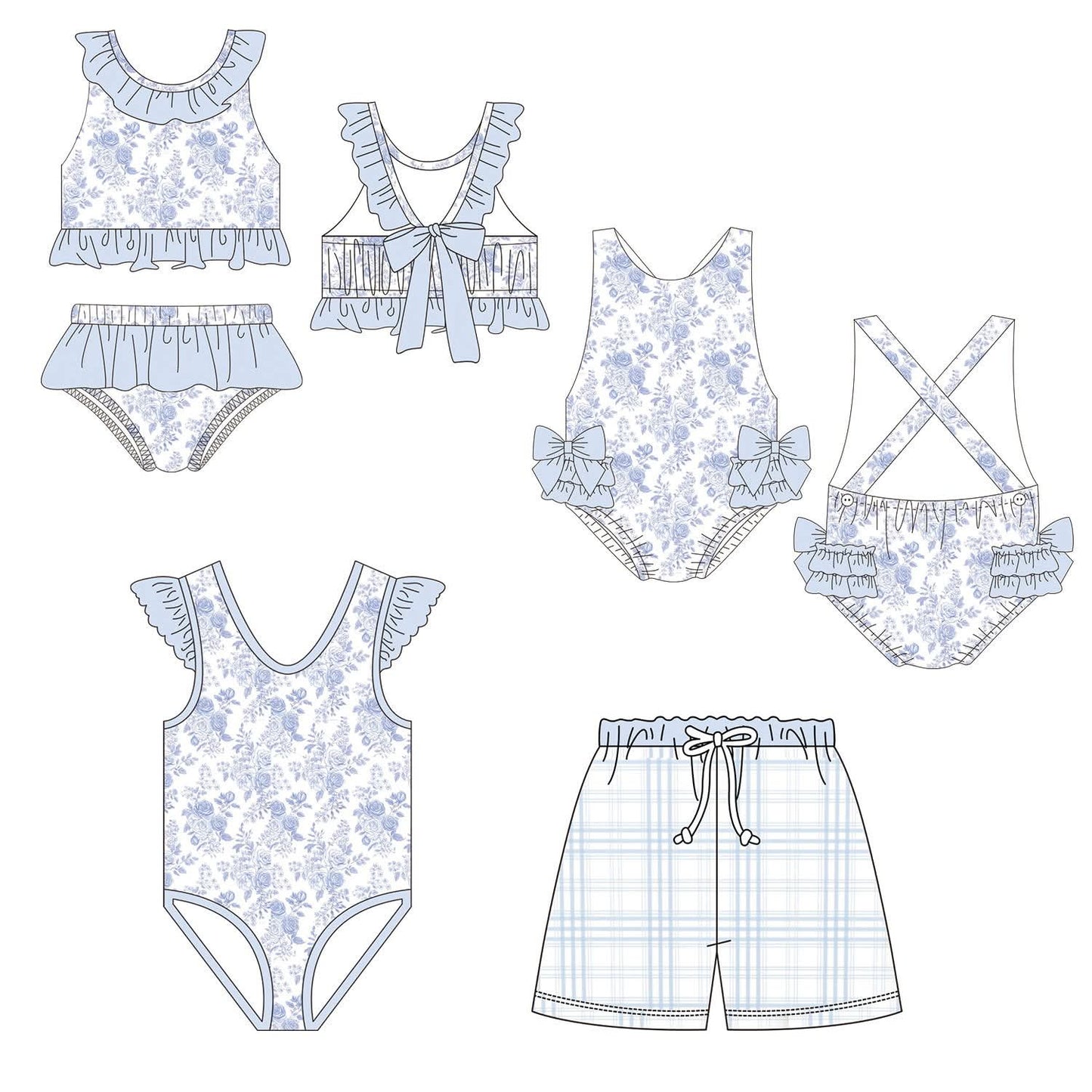 Light Blue Floral & Plaid Swim