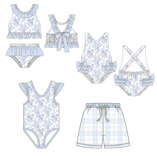 Light Blue Floral & Plaid Swim