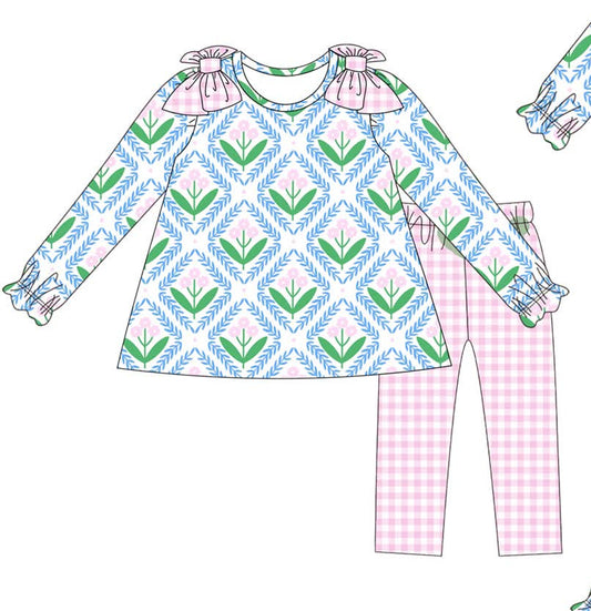 Pink Gingham with Blue Floral Diamonds Pant Set