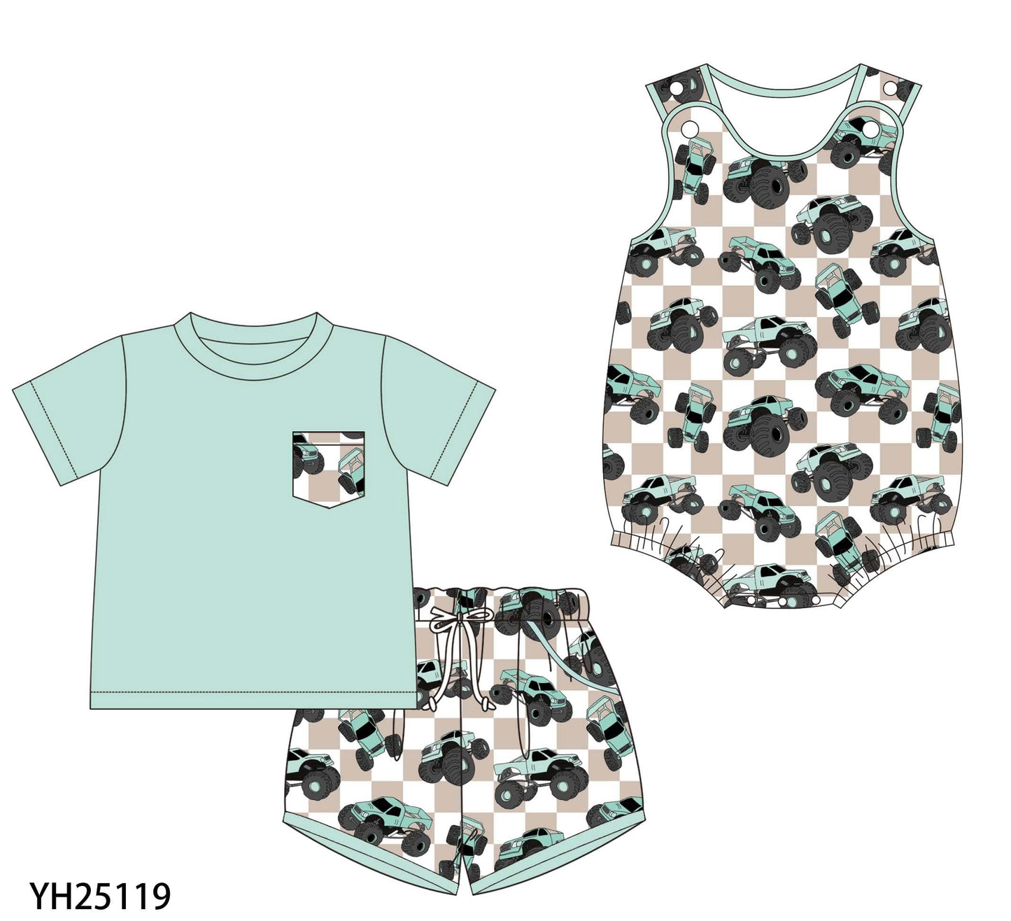 Sage & Khaki Plaid Monster Trucks