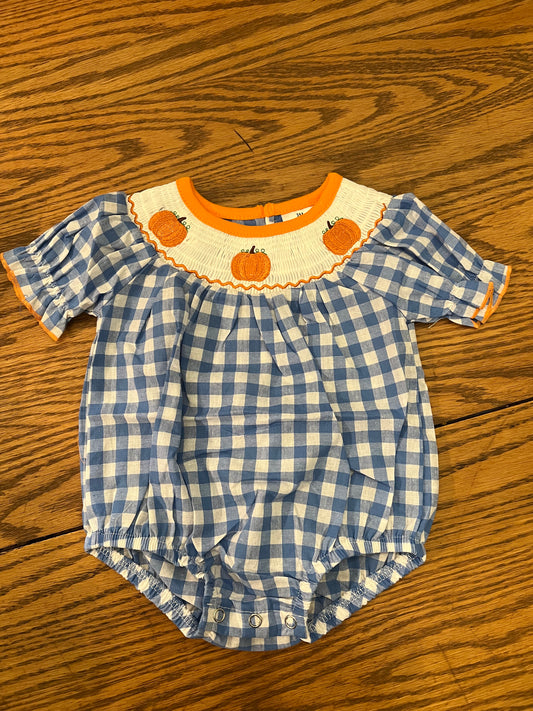 Blue Plaid Smocked Pumpkin Bubble