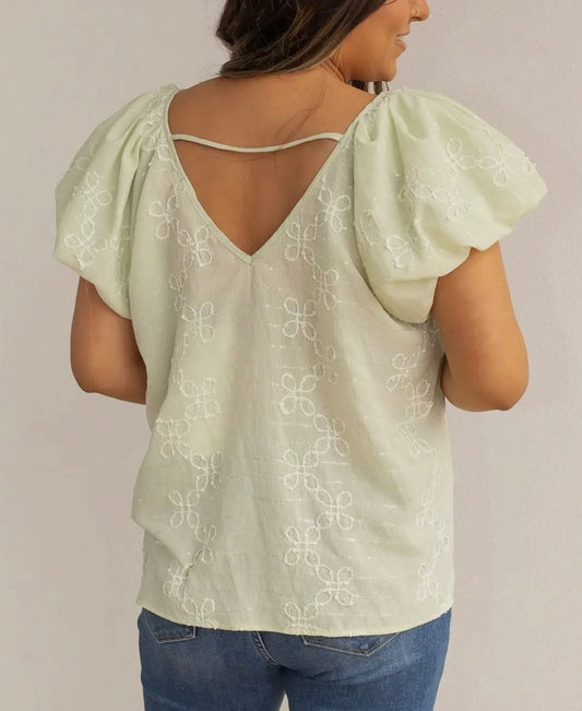 Mint Whimsy Embroidered Sleeve Blouse