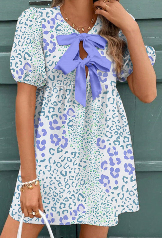 Sky Blue Leopard Contrast Bow Puff Sleeve Dress