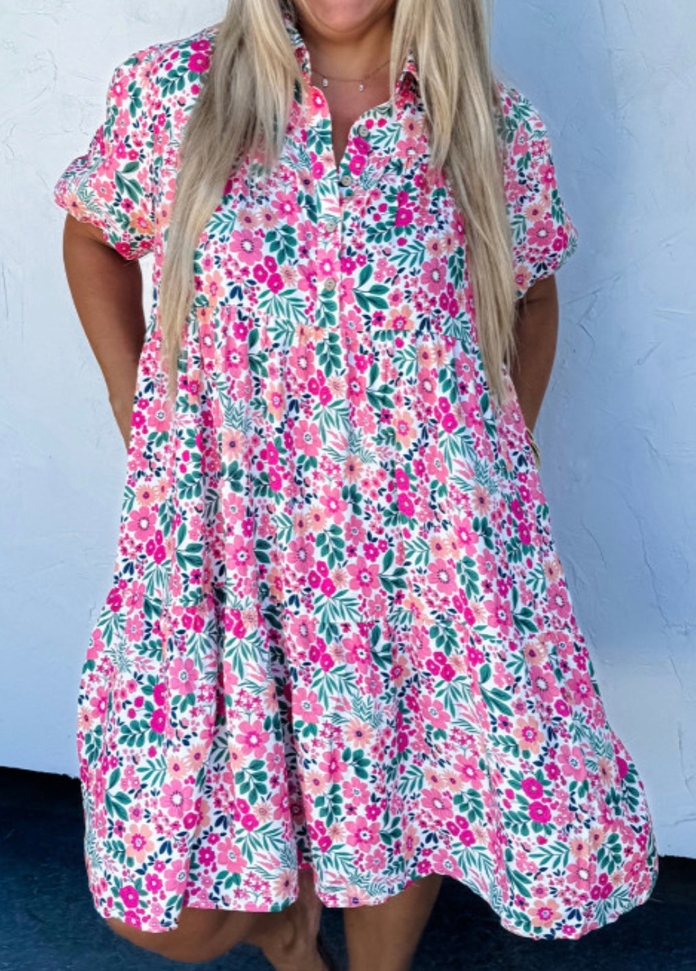 Plus Size Pink Floral Half Button Puff Sleeve Dress