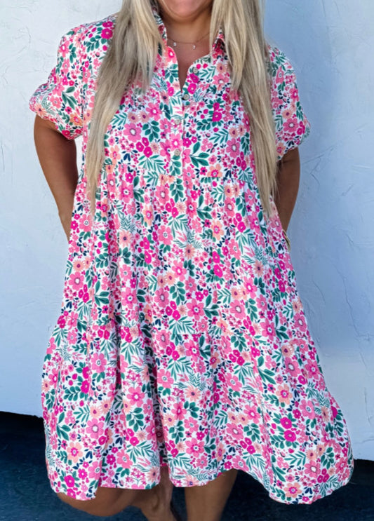 Plus Size Pink Floral Half Button Puff Sleeve Dress