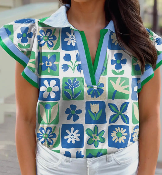 Blue Flower Block Blouse