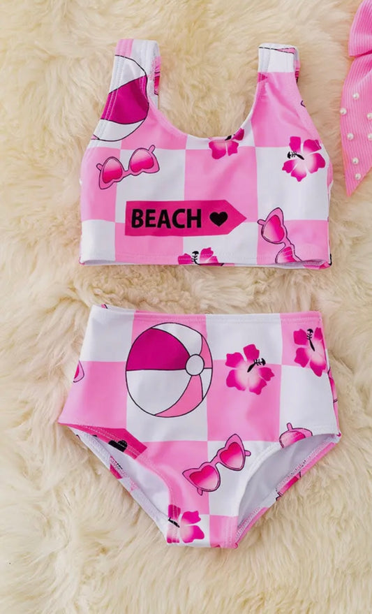 Pink & White Checker Print Swimsuit