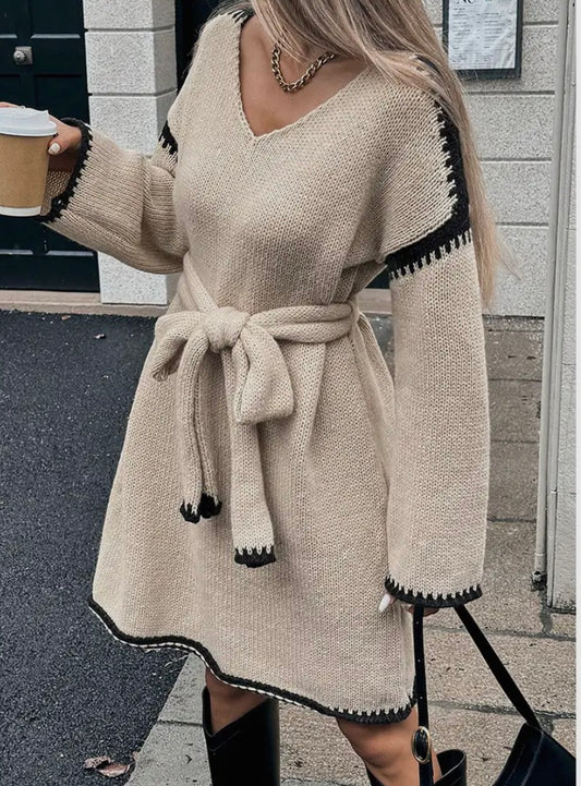 Apricot V Neck Knit Dress