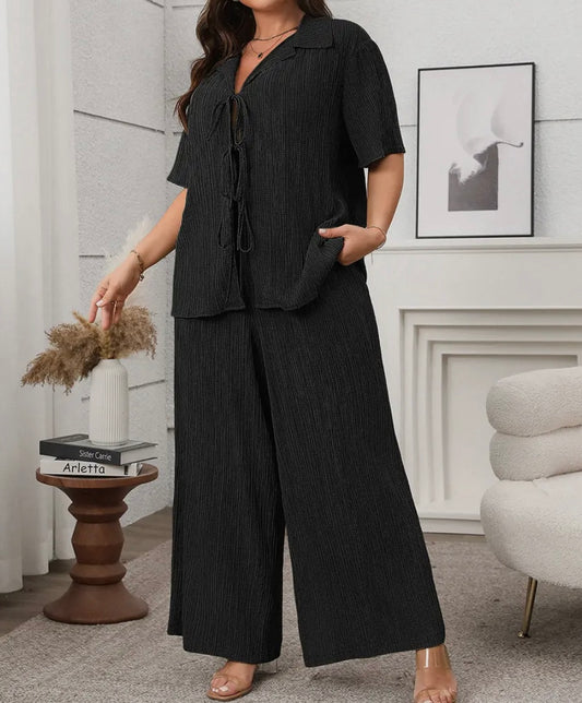 Black Short Sleeve Tie Top & Knit Pant Set