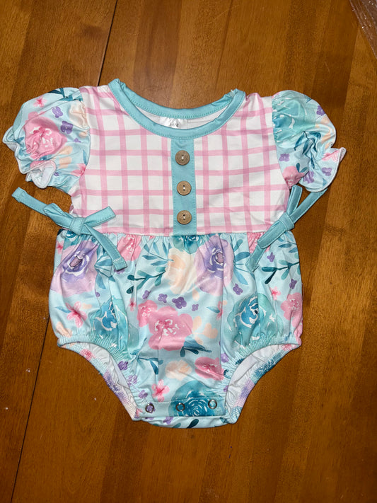 Pink Lattice with Blue Floral Bubble