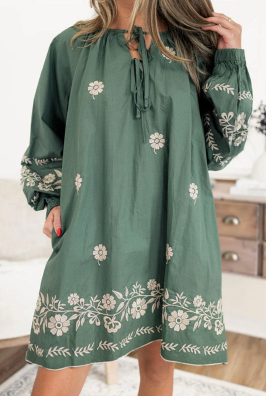 Hunter Green with Beige Florals Mini Dress
