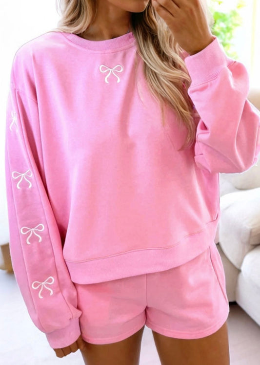 Pink Bow Sleeve Short Set