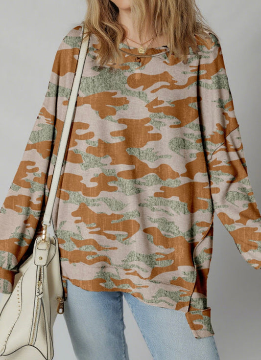 Oversized Tan & Green Camo Top