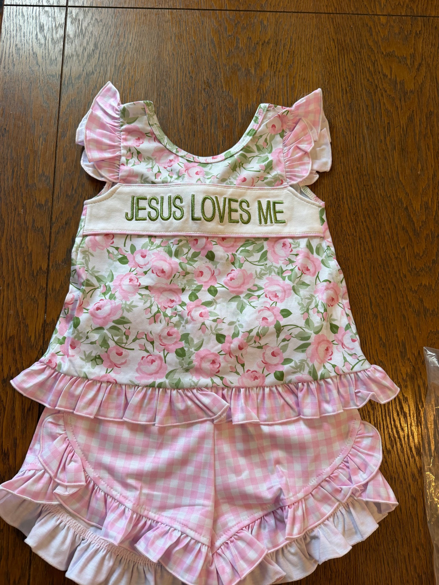 Floral & Navy/Green Plaid "Jesus Loves Me" Short Sets