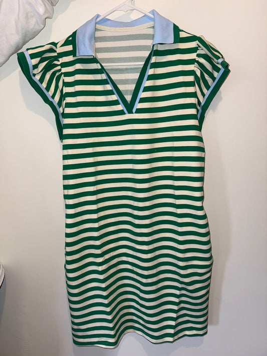 Green Stripe Flutter Sleeve Collared Dress