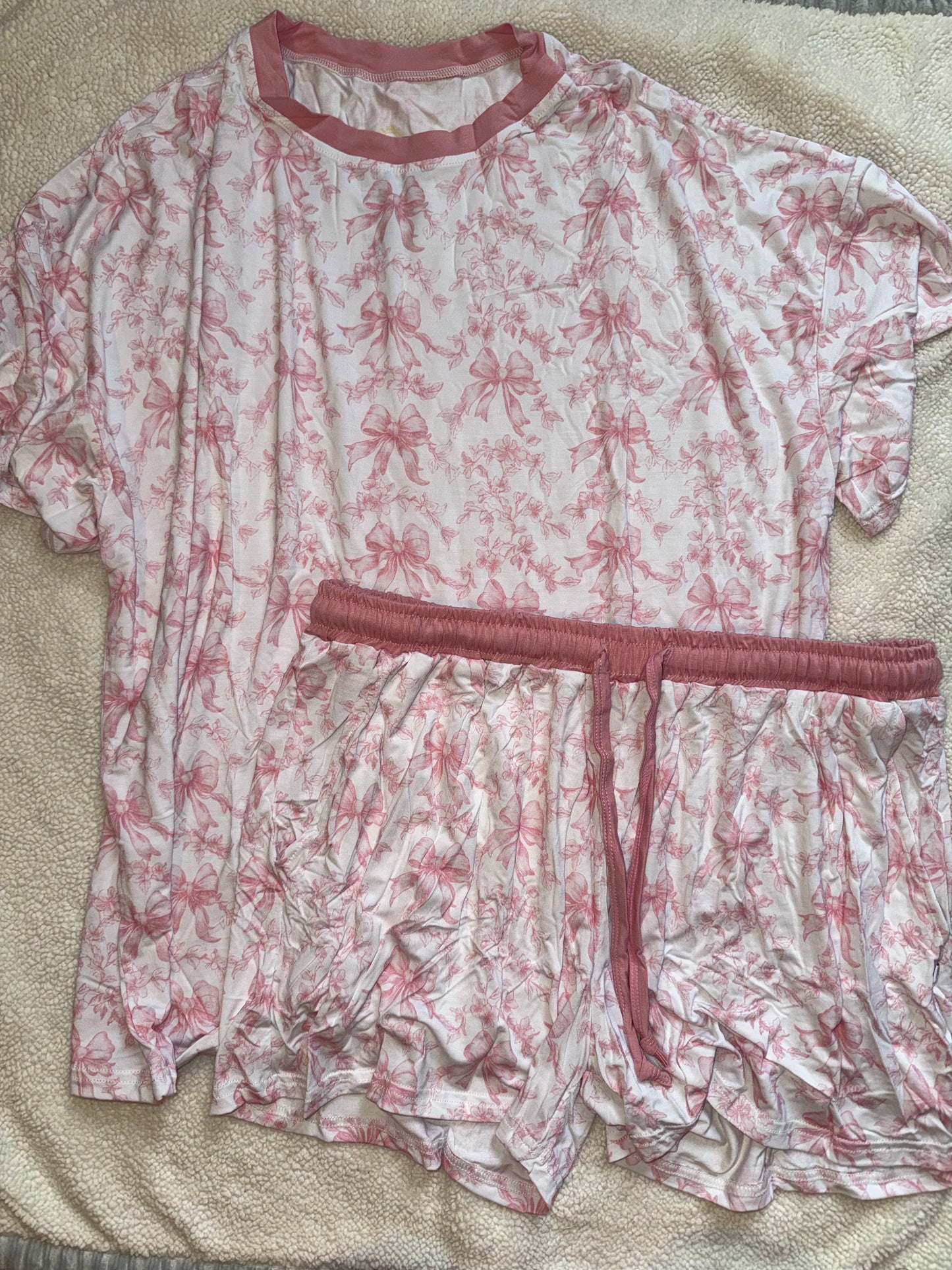 Light Pink Bow Toile Bamboo Short Set