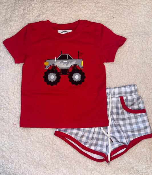 Red & Grey Plaid Monster Truck Short Set