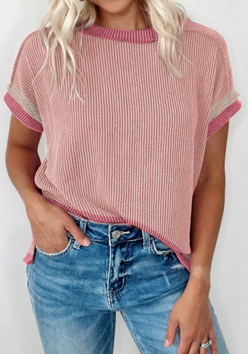 Light Pink Textured Contrast Trim Top