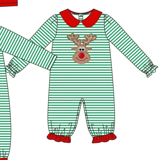 Girls Green & White Christmas Deer Romper