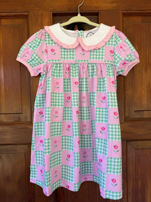 Collared Pink Flowers & Green Gingham Block Dress