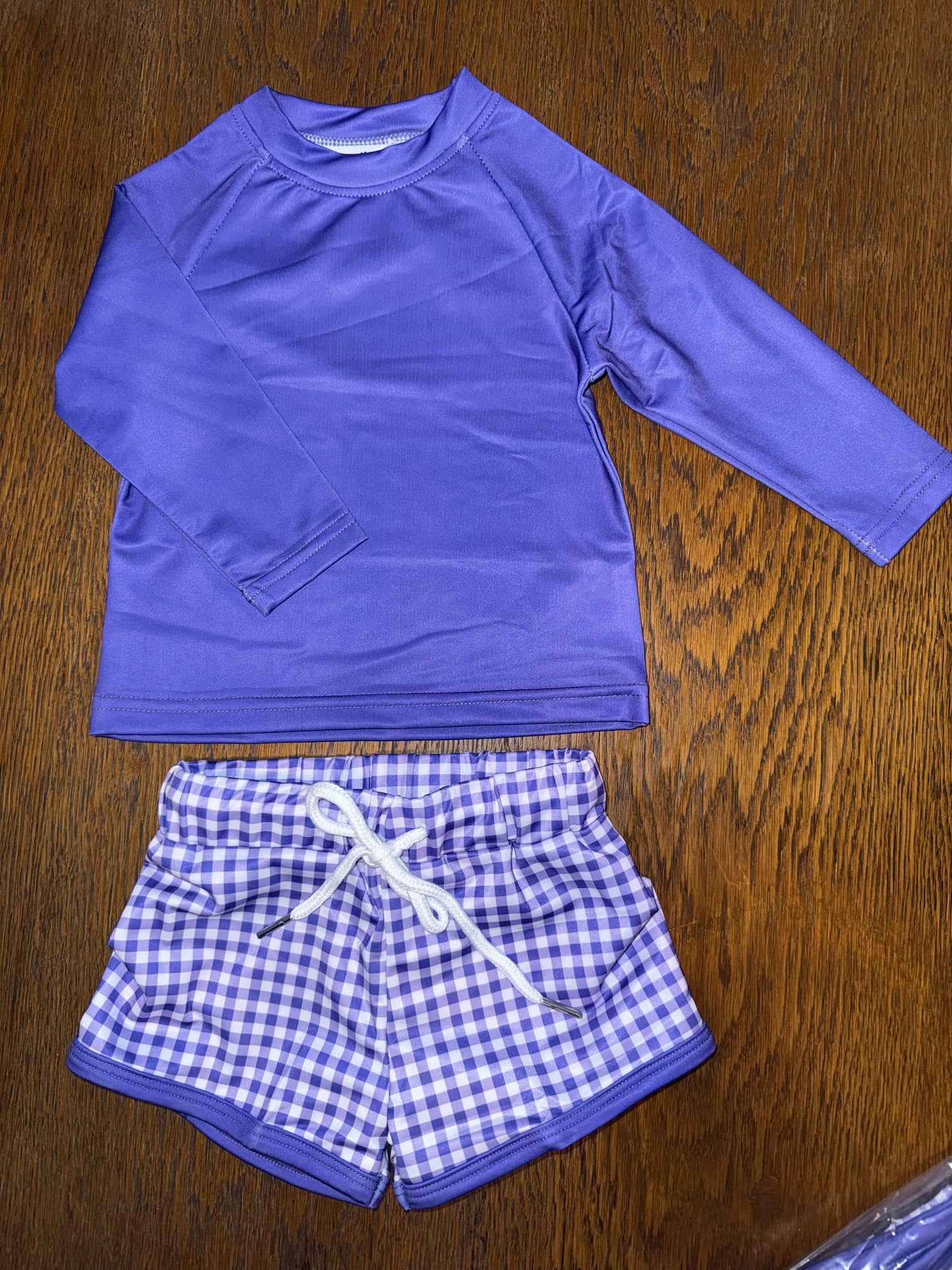 Purple Gingham Rashguard & Swim Trunks