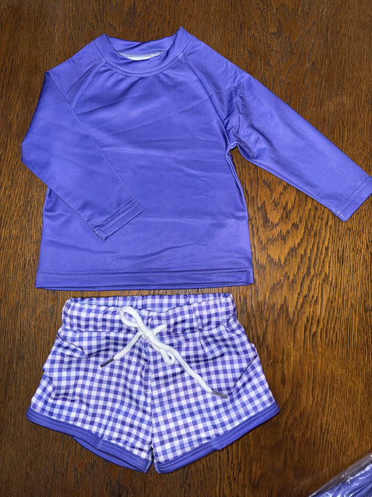 Purple Gingham Rashguard & Swim Trunks