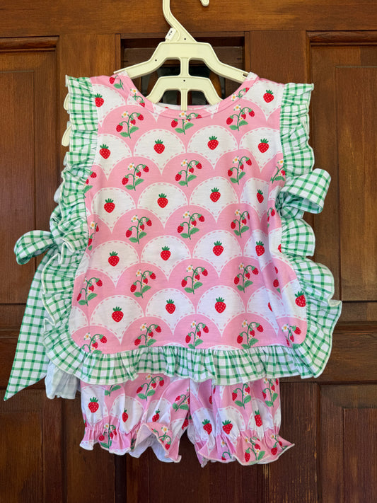 Pink & White Strawberries with Green Gingham Short Set