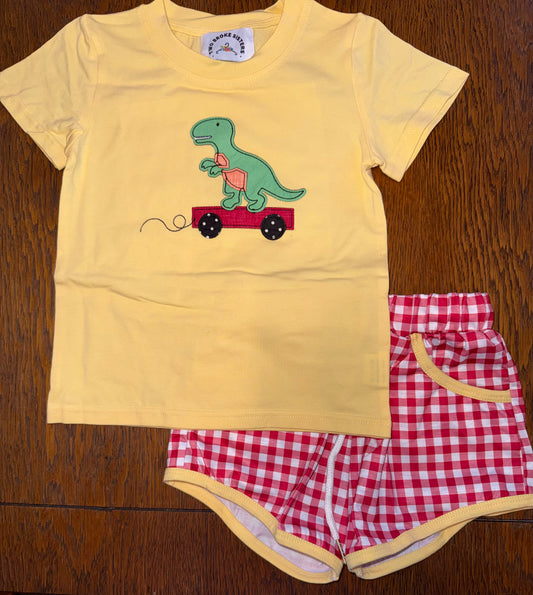 Dino with Red Plaid Short Set