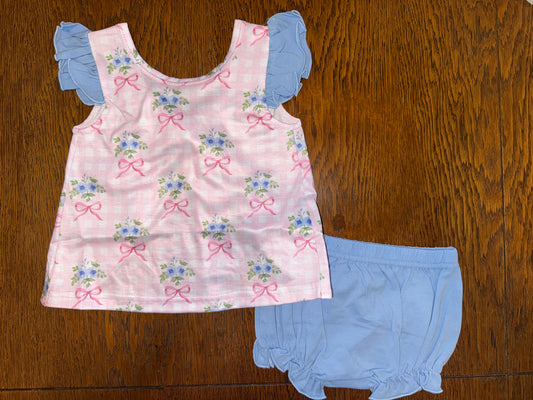Girls Pink Gingham with Blue Flowers Bloomer Set