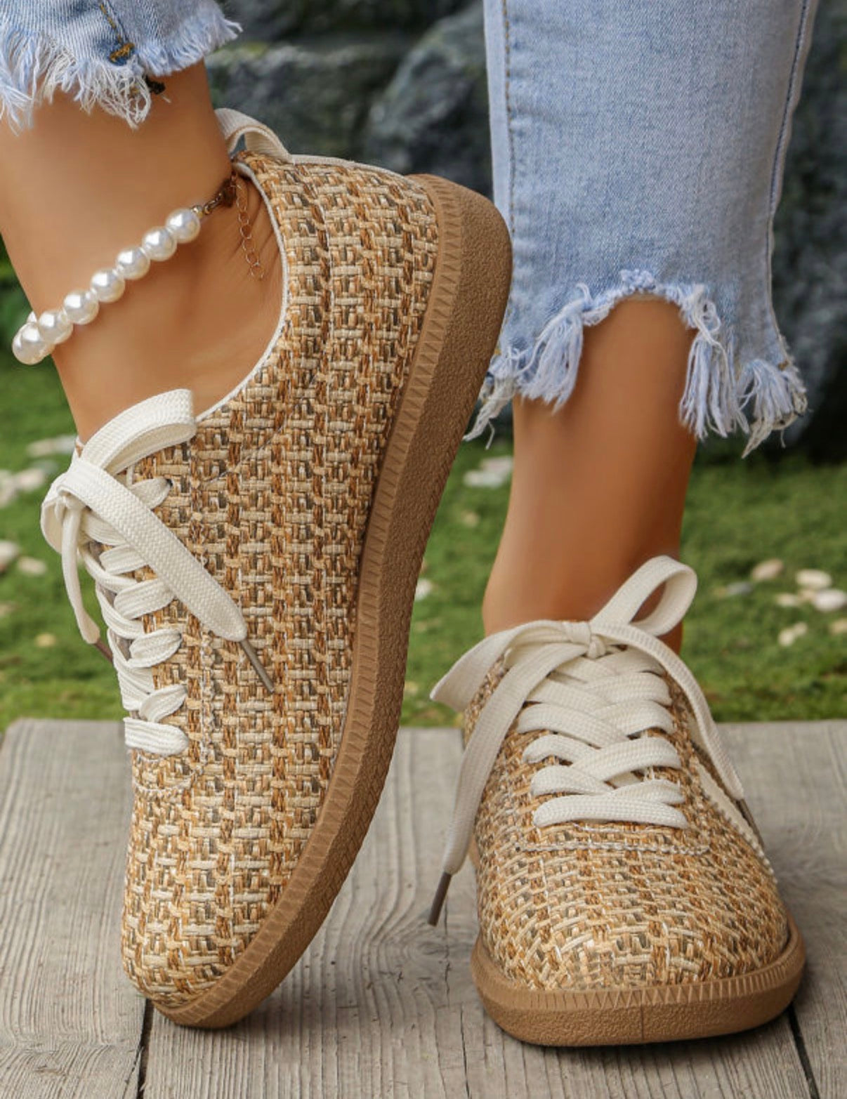 Tan Straw-like Sneakers