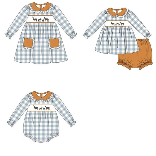Girl Orange & Blue Plaid Deer Family Dress