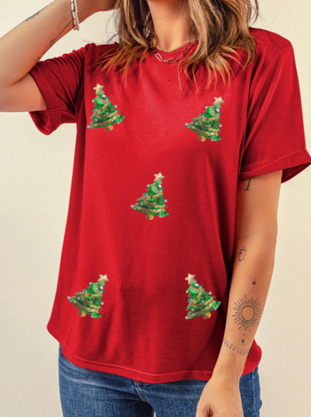 Sequined Graphic Christmas Trees Tee