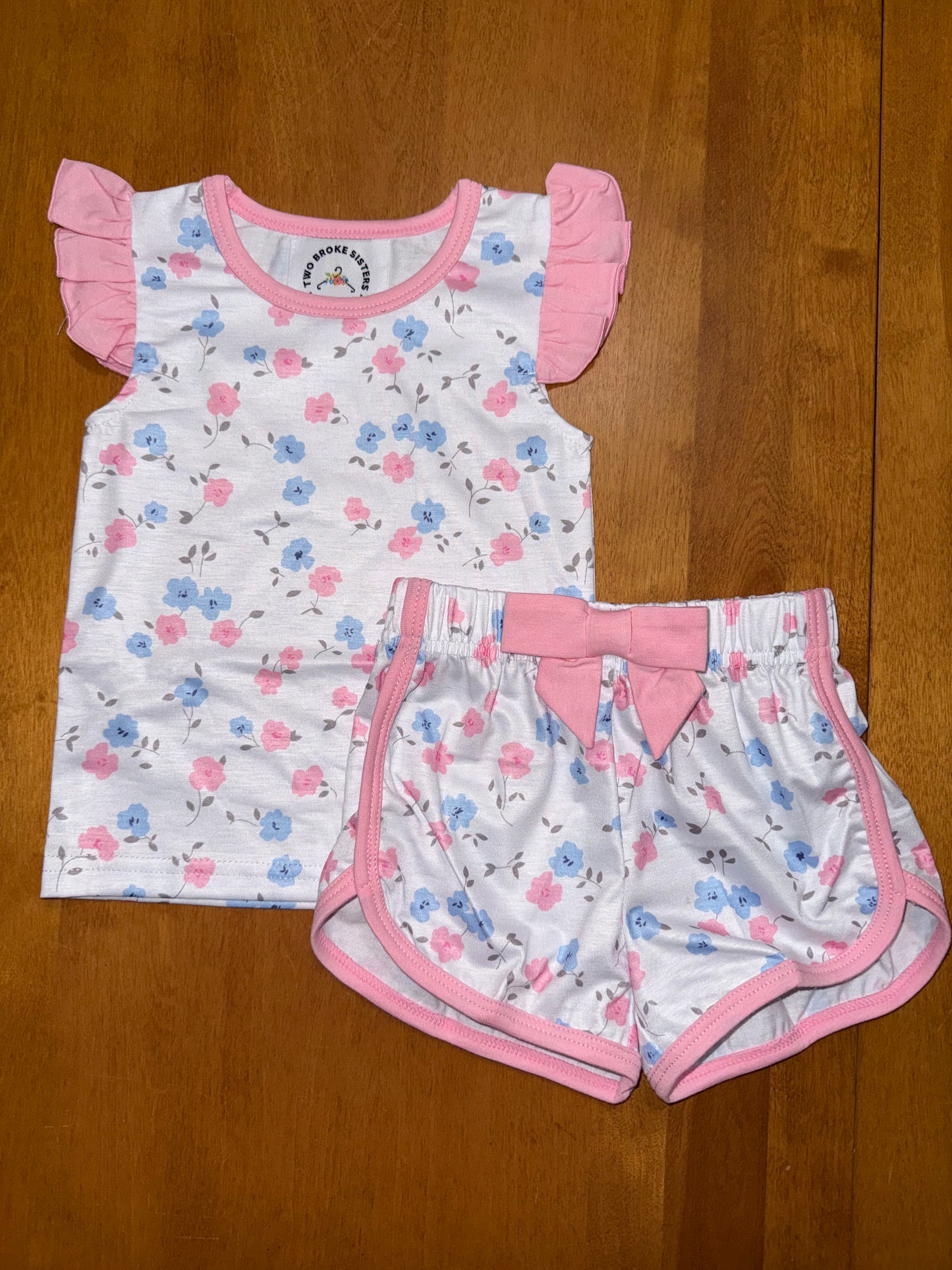Pink & Blue Flowers with Pink Piping and Flutter Sleeve Short Set