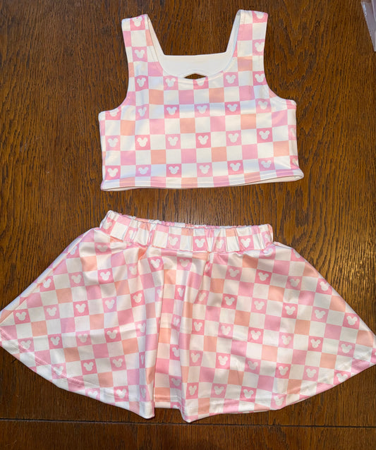 Pink Checkered Athletic Skort & Crop Tank Set