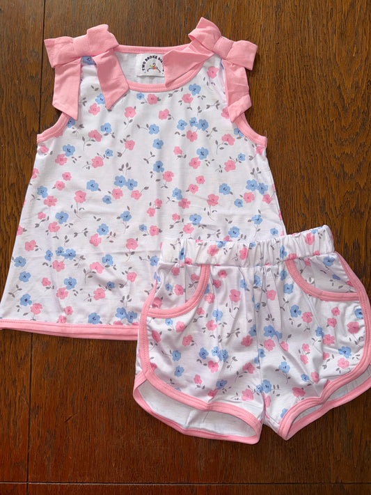 Dainty Pink & Blue Flowers with Bow Shoulder Short Set