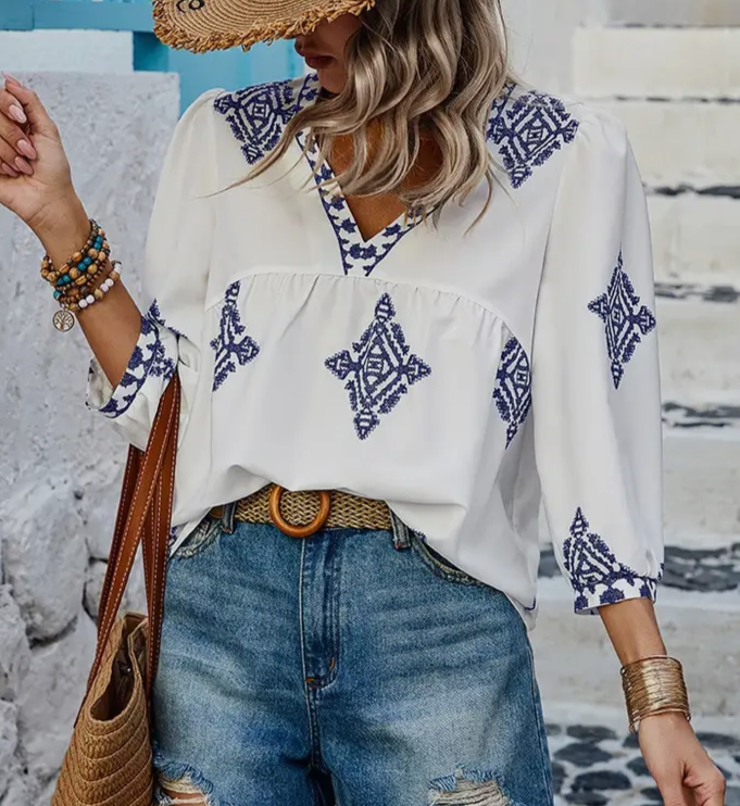 White & Blue Loose Fit Blouse