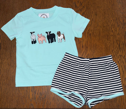 Aqua & Black Stripe Cows Boys Short Set