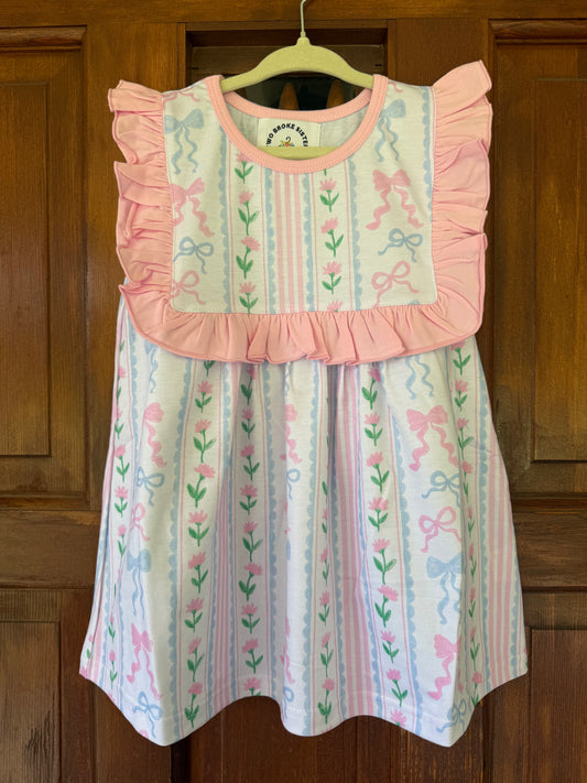 Light Pink Bows & Peonies Stripe Dress