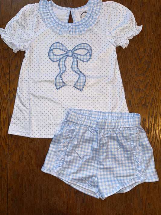 Blue Bitty Dot and Plaid Bow Short Set