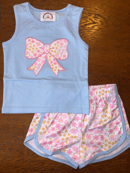 Light Blue & Floral Bow Short Set