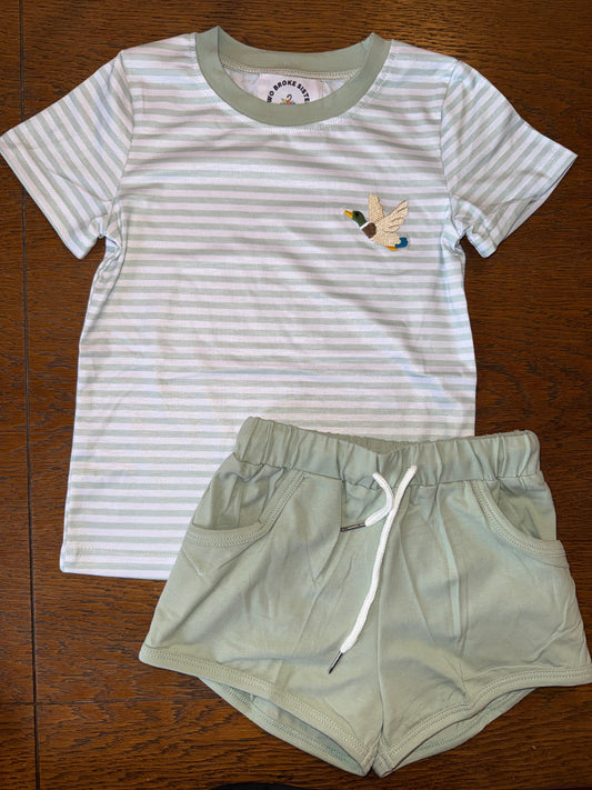 Sage Green Striped Summer Duck Short Sets