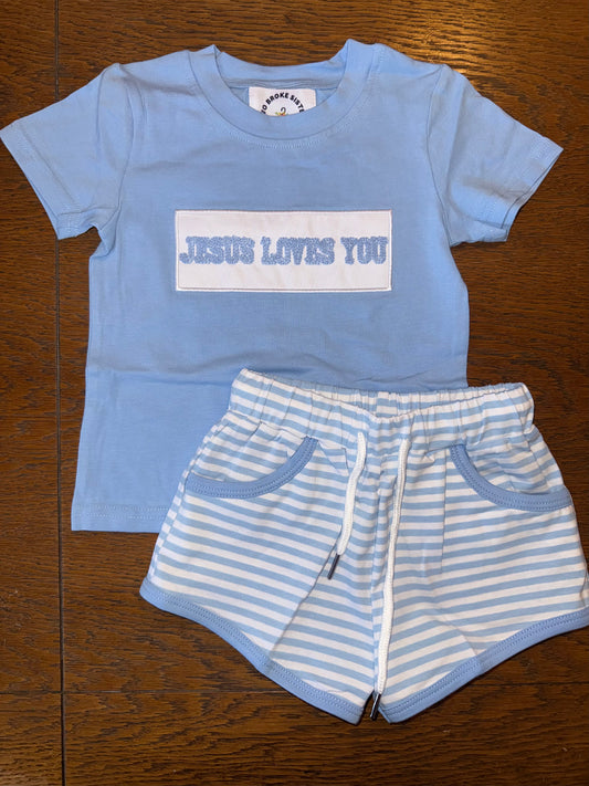 Blue Stripe "Jesus Loves You" Short Set