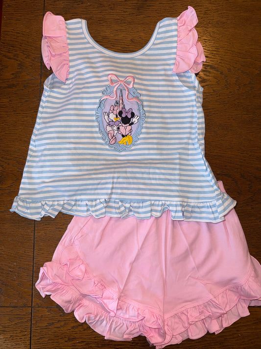 Blue Stripe & Pink Bestie Girls Short Set